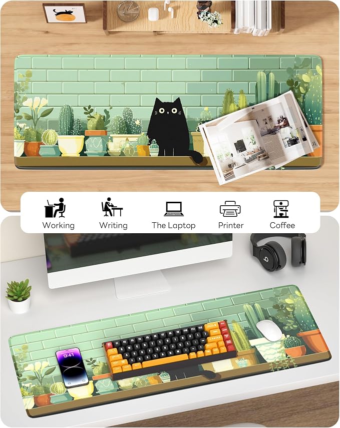Cute Cat Mouse Pad, 31.5 x 11.8 Large Desk Mat with Stitched Edges & Non-Slip Base, Mousepad for Office, Home, Work