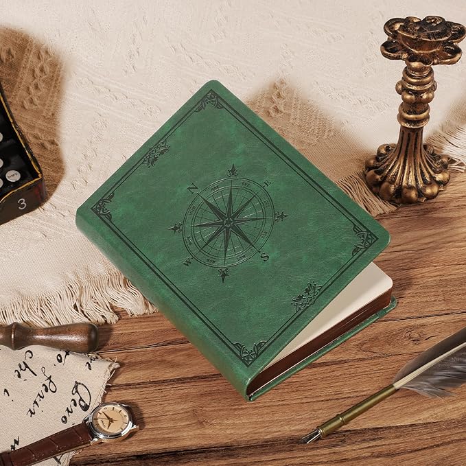 AHGXG Thick Dotted Notebook, 320 Numbered Pages, A5 (5.75'' X 8.38'') | Journal for Writing, 100gsm Dot Paper, Vintage Leather Hardcover, for Women Work Office School (Dark green)