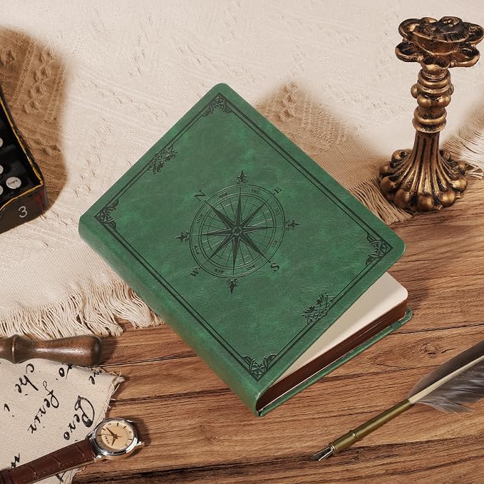 AHGXG Thick Lined Notebook, 320 Numbered Pages, A5 (5.75'' X 8.38'') | College Ruled Journal, Vintage Leather Hardcover, 100gsm Paper, for Men Women Work Office School (Dark green)
