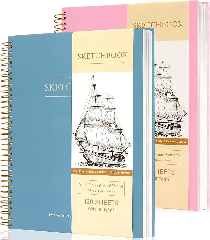 2 Pack Hardcover Sketchbook for Drawing 120 Sheets Spiral Bound 9 x 12 Sketch Pad Premium Art Sketchbook Artistic Drawing Painting Writing (68lb/100gsm) for Kids Adults Beginners Artists, Pink+Blue
