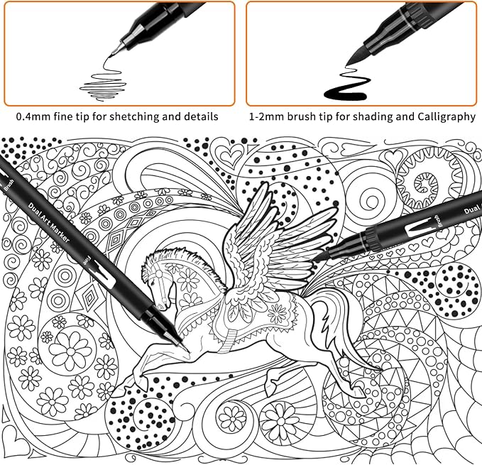 Black Drawing Pens, 12 Pack Felt Tip Markers for Adults and Kids, Dual Tip Brush Fineliners Pens for Art Drawing Sketching
