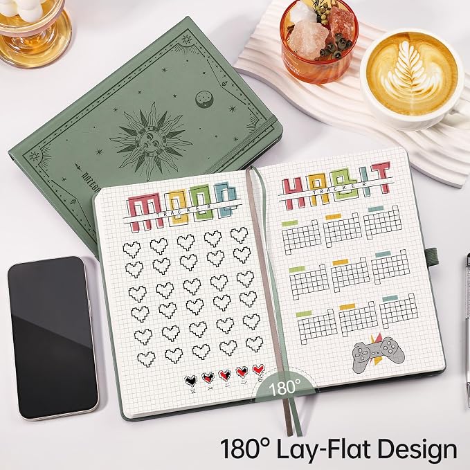 EMSHOI Graph Grid Journal Notebook, 192 Pages, A5 Size (5.7'' x 8.3'') | Leather Hardcover, 100 GSM Thick Paper, for School, Note Taking, Math, Engineering, Sun Debossed (Light Green)