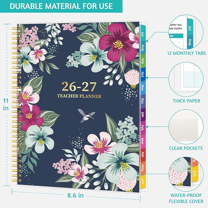 GoiUnlt Teacher Planner 2026-2027, JUL. 2026 – JUN. 2027, Lesson Planner 2026-2027 Academic Year, with Tabs, Thick Paper, 2-Sided Pocket, 8.6″ x 11″ Daily Weekly and Monthly Calendar with 8 Periods