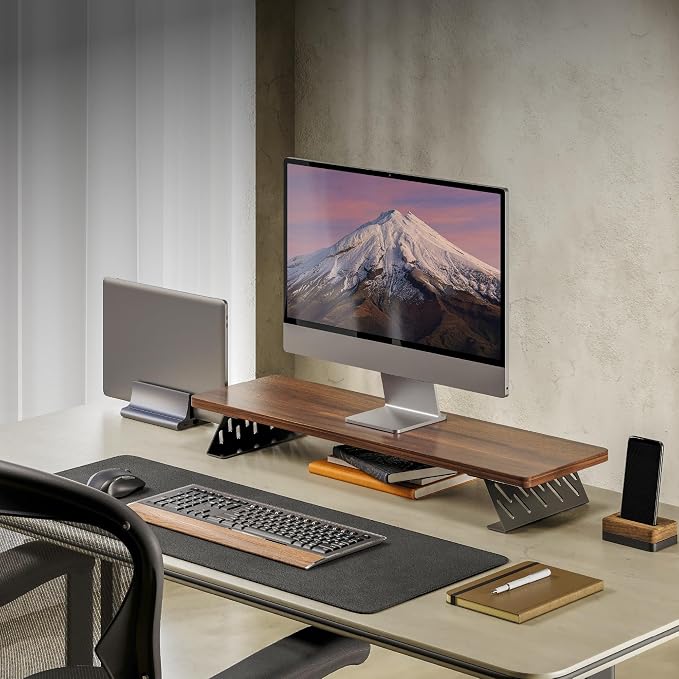 Fenge Monitor Stand Riser, Wooden & Metal Desk Shelf Organizer, Brown | 31.5 Inch Computer Stand for Compact Work Station, Multifunctional Monitor Shelf for Laptop, PC, Printer