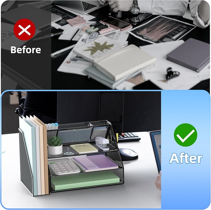Docnest 3 Tier Desk Organizer with File Holder & Pen Holder, Black | Features 3 built-in pen holders with removable dividers. Space-saving mesh storage for office mail, files & stationery