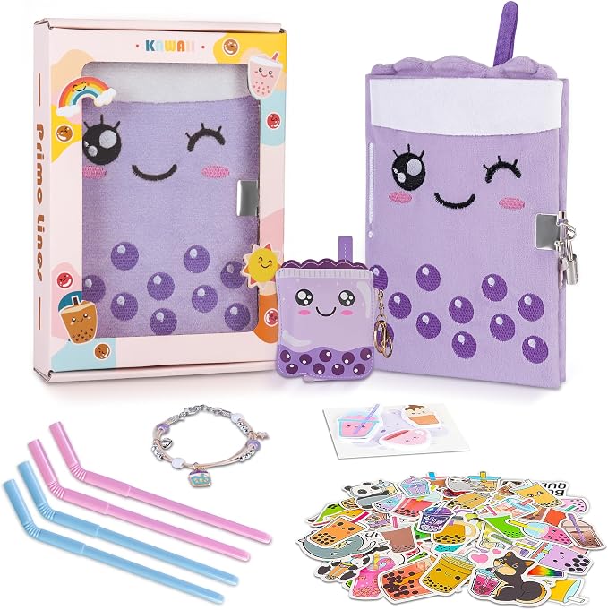 All In One Gift Kit for Girls – Back to School Supplies, Lock and Key Plush Journal Stationery Set with 53 Stickers, 1 Bracelet, 1 Coin Purse, 4 Straws and 3 Sticky Notes, Journaling Kit for Kids, Tweens & Teens (Purple Boba)