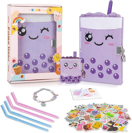 All In One Gift Kit for Girls – Back to School Supplies, Lock and Key Plush Journal Stationery Set with 53 Stickers, 1 Bracelet, 1 Coin Purse, 4 Straws and 3 Sticky Notes, Journaling Kit for Kids, Tweens & Teens (Purple Boba)