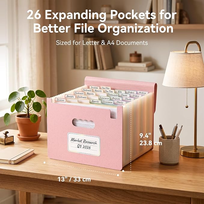 ThinkTex Accordion File Organizer, 26 Pockets File Folders, Soft Dusty Pink | Monthly Bill Receipt Documents Organizer, A-Z Colorful Tabs, Letter/A4 Size for Classroom Office Organization Home Hospital