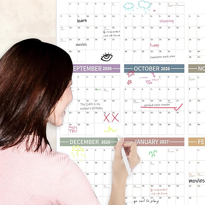 GuassLee Large Yearly Wall Calendar 2026-2027, Full Year Calendar One Page, Jun. 2026- May 2027, Annual Wall Calendar 2026, 24"X 48" Wall Calendar 2026 Large with Foam Stickers