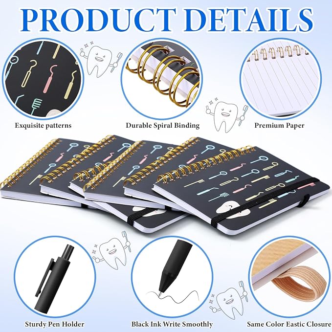 Fulmoon 24 Set Dental A6 Spiral Notebook with Ballpoint Pens 50 Sheets, 4"x 6" Small College Ruled Notepads Journaling Notebooks Bulk Dental Assistant Hygiene Gifts for Back to School Supplies Offices