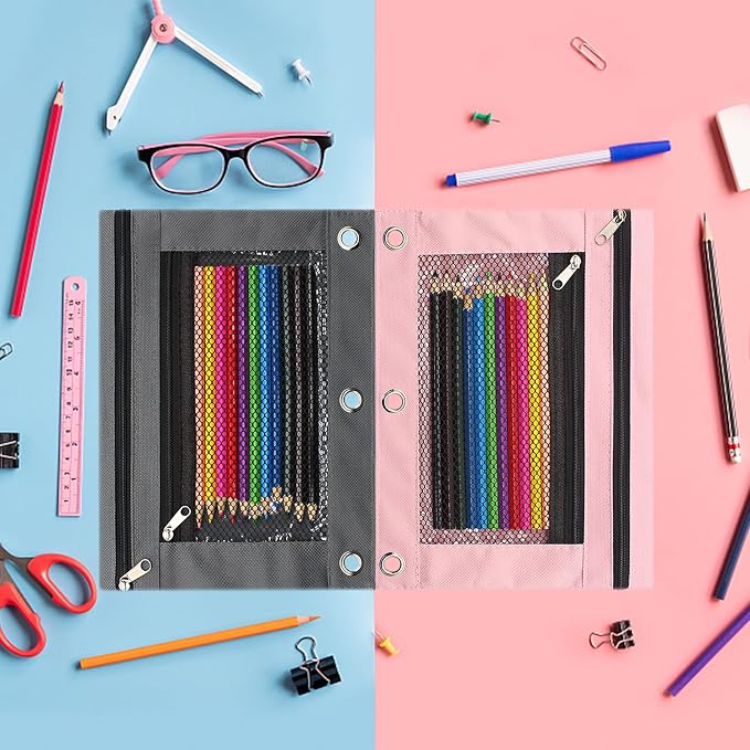 Pencil Pouch 3 Ring Binder Pouch Zippered Pencil Case Canvas Pencil Bag with 2 Compartments (Set of 2, Pink and Grey)
