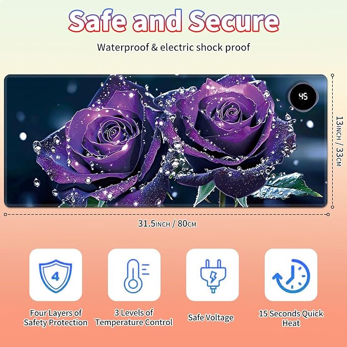 Heated Desk Pad Large Mouse Pad 31.5 x 13 inch with 3 Levels Heating & Auto Shut-Off Warm Mouse pad PU Leather Computer Mousepad for Home Office Work - Purple Rose Flower