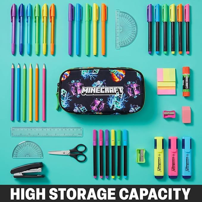 Get Trend Minecraft Pencil Case for Boys, Pencil Pouch with 2 Zipped Compartments, Back-to-School Marker & Pen Case, Organizer for School Supplies, Stationery, Gamer Gifts (Black/Multi Minecraft)