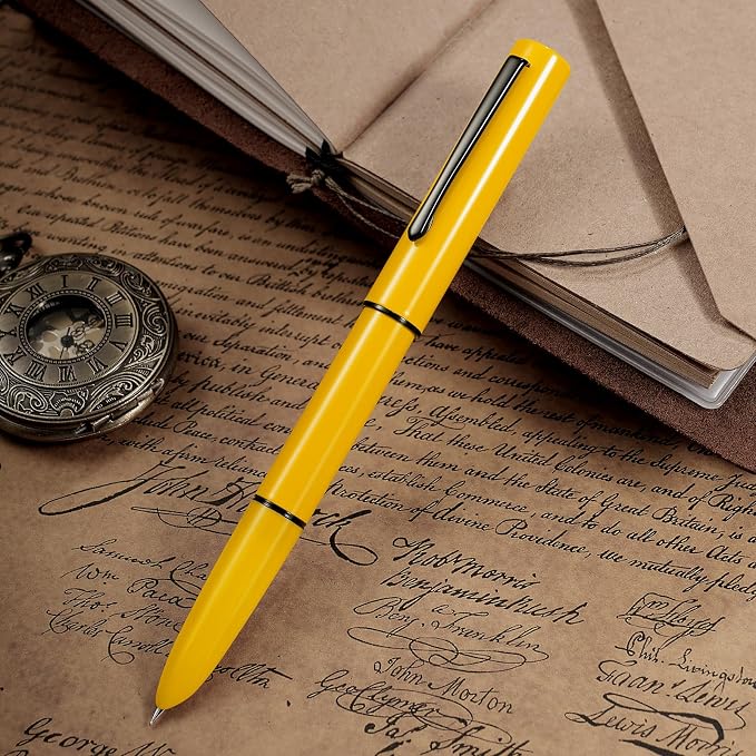 HONG DIAN C1 Fountain Pen Extra Fine Nib, Lemon Yellow & Classic Retro Design Metal Pen with Ink Converter