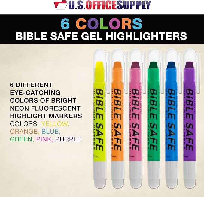 U.S. Office Supply Bible Safe Highlighter Set of 6 Bright Flouresent Colors, Dry Bible Highlighters No Bleed, Fade or Smear, Safe Gel Markers, Accessories, Study Guide