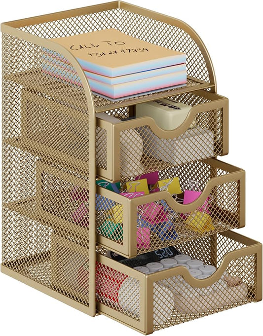 EasyPAG Mesh Desk Organizer with 3 Drawer Office Desktop Organizers and Accessories Stationery Caddy for Office, Home, Students, Gold