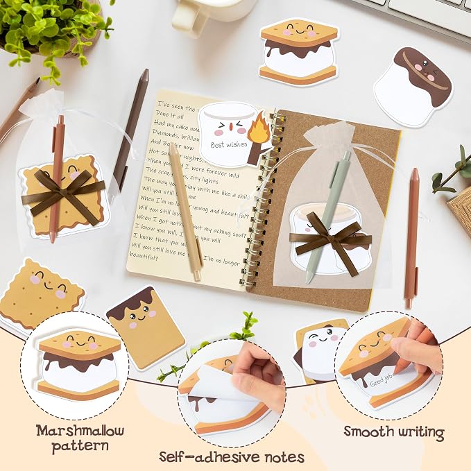 CJiangpo 24 Pack Marshmallow Sticky Note Pad with Pen Gift Set, Cute Self Stick Notepad Memo Pads Ballpoint Pens with Organza Bags, Funny Classroom Rewards Camping Themed Party Favor Gift for Kids