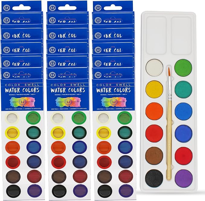 Color Swell Bulk Dry Watercolors Paint Pack and Brushes, 12 Colors, 18 Pack