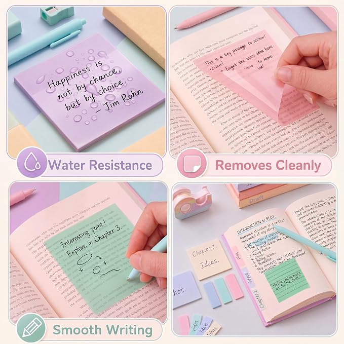 Eaasty 800 Sheets Transparent Sticky Notes 15 Pads Pastel Clear Bible Sticky Notes with Lined with 2 Pens Colorful Waterproof Translucent Pet Tabs for Bible Study Books Annotation School Office