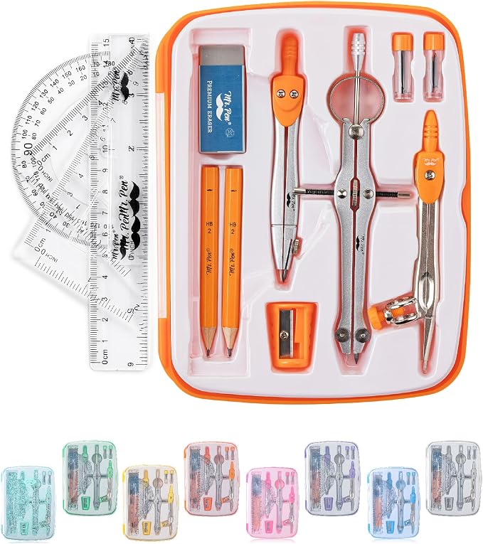 Mr. Pen- Geometry Set, 13 pcs, 3 Metal Compasses, Protractor, 6" Ruler | 45° & 30°/60° Set Squares, Pencils, Lead Refills, Sharpener & Eraser for Math, Drafting & Classroom Use | 45° & 30°/60° Set Squares, Pencils, Lead Refills, Sharpener & Eraser for ...