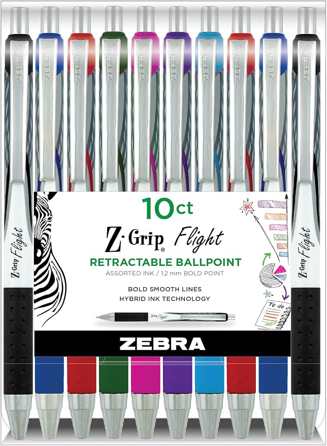 Zebra Pen Z-Grip Flight Retractable Ballpoint Pen, Bold Point 1.2mm, Assorted Ink Colors, School Supplies, Teacher Supplies, and Office Supplies, Smooth Writing, Quick-Drying, 10-Pack (21901)