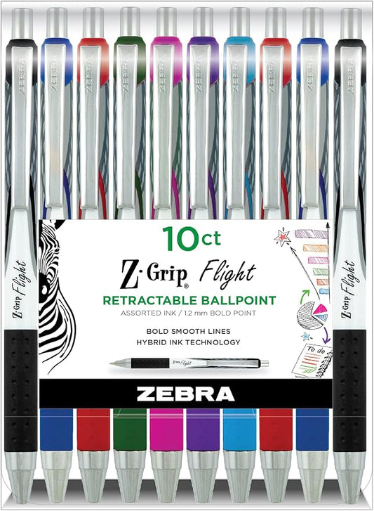 Zebra Pen Z-Grip Flight Retractable Ballpoint Pen, Bold Point 1.2mm, Assorted Ink Colors, School Supplies, Teacher Supplies, and Office Supplies, Smooth Writing, Quick-Drying, 10-Pack (21901)