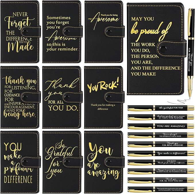 Dispowreath 10 Sets Thank You Leather Journal Notebook with Appreciation Ballpoint Pen Employee Gift for Teacher Nurse Coworker Team Office Staff Vet Tech Housekeeper (Black,Appreciation Sign)