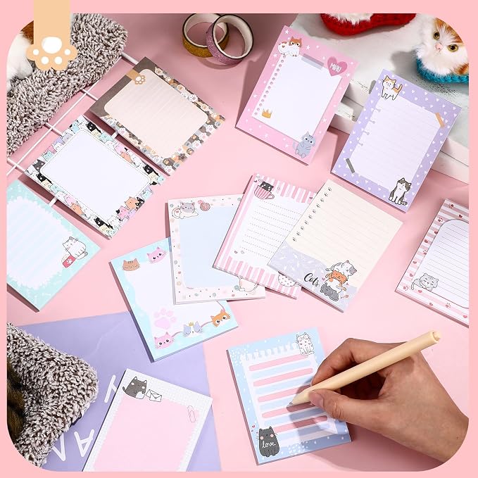 Chiisong 12 Pieces Cats Sticky Notes Cute Cat Gift Self Stick Notepads 3x4 Inch Kawaii Memo Notes for Animal Lover Cartoon Animal to Do List for Office Home Supplies Roommates Gift