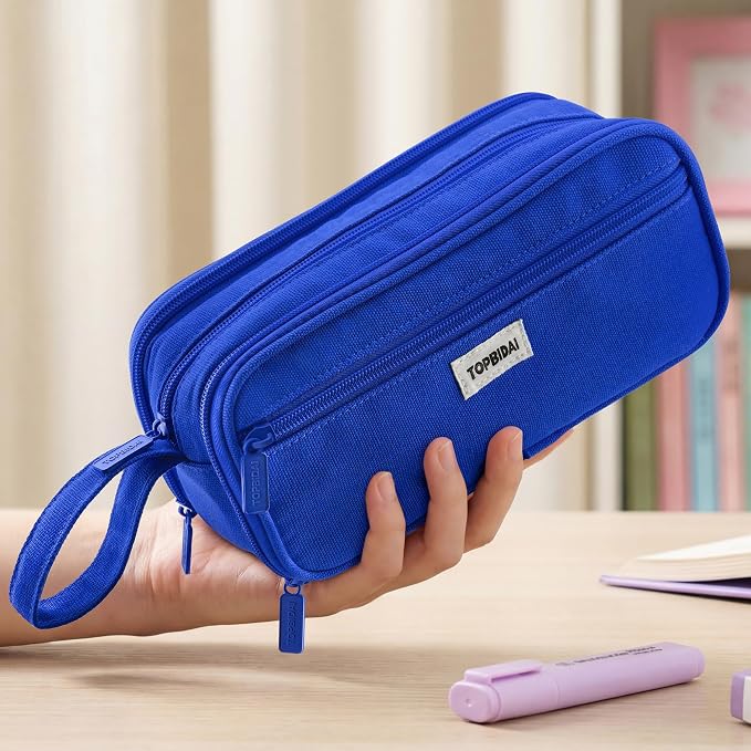 TOPBIDAI Large Pencil Case Pouch for Girls Boy Women Men Adults | Big Capacity Canvas Pencil Bag, Office School Supplies, Multi Compartment Zipper Stationery Pen Box (Dark Blue)