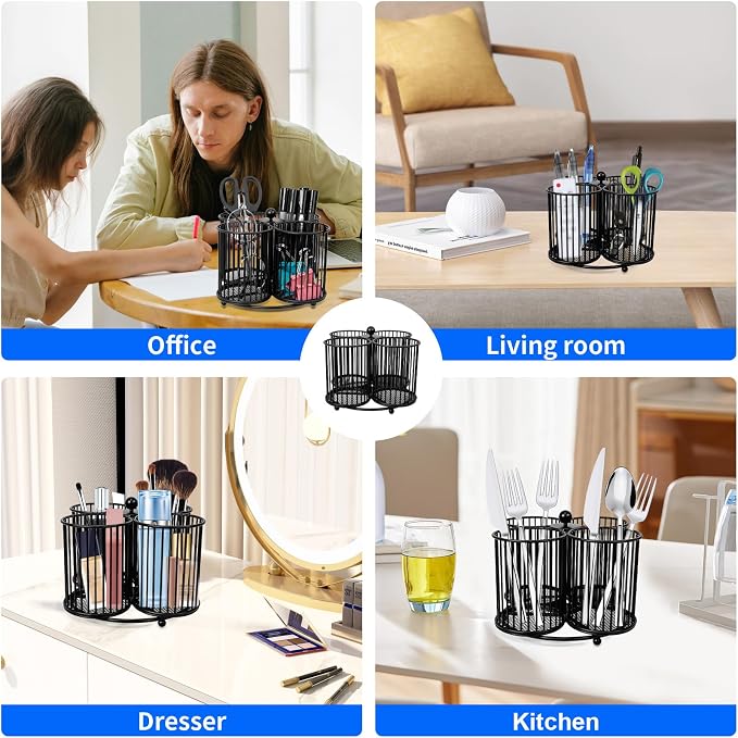 360 Rotating Pen Holder - Large Pencil and Marker Organizer with 4 Slots - Desk Caddy Accessories for School, Office, Home (Black)