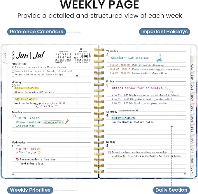 Planner 2026-2027, Academic Monthly and Weekly Calendar Planner for Women, July 2026 - June 2027, Hardcover Pretty Agenda Planner Book with Tabs, Spiral Daily Organizer for School Office Home Supplies, 8.5" x 11" - Distant Peaks