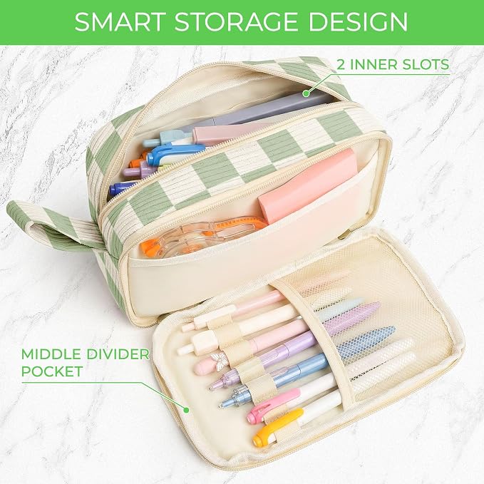 WOBAGMEN Cute Pencil Case,Large Corduroy Zippered Pencil Case Pouch, Aesthetic Pencil Bag with Compartments, Pencil Pouch School Supplies (Green checked)