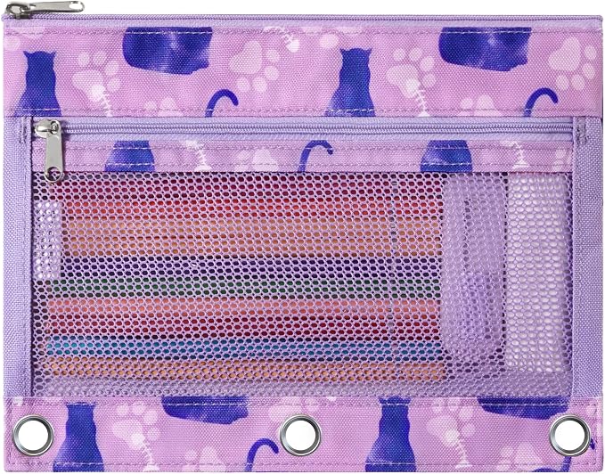 WAWSAM Cat Pencil Pouch for 3 Ring Binder, Zipper Pencil Pouches for Girls | 2 Pocket Clear Window Pencil Case, 3 Ring Pencil Pouch for School Supplies, Pencil Bags for Office College
