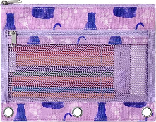 WAWSAM Cat Pencil Pouch for 3 Ring Binder, Zipper Pencil Pouches for Girls | 2 Pocket Clear Window Pencil Case, 3 Ring Pencil Pouch for School Supplies, Pencil Bags for Office College