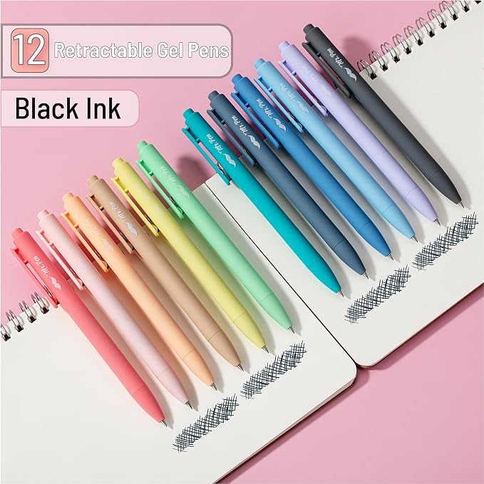 Mr. Pen- Retractable Gel Pens, 12 Pack, Black Ink, Pastel Barrels | Fine Point 0.7mm, Fast Dry, Smooth Writing, Cute Pens for Drawing, Writing Planner and School Supplies