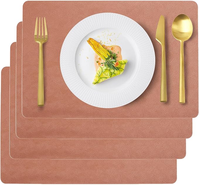 Beige Plastic Placemats Set of 4, Faux Leather Waterproof Table Mats | Coral Vinyl placemats,Wipeable and heat resistant table mats.Easy to clean,great for indoor and outdoor