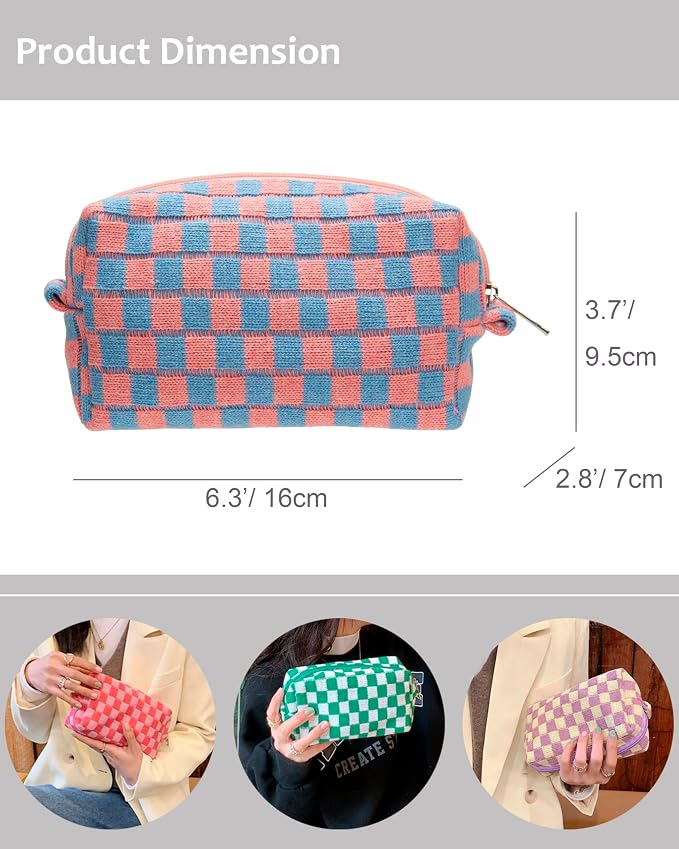 Checkered Makeup Bag for Purse, Small Travel Cosmetic Pouch,Red Blue | Cute Zipper Makeup Organizer for Women, Travel Essentials, Toiletries, Makeup Brushes, Beauty Accessories&Bridesmaid Gifts