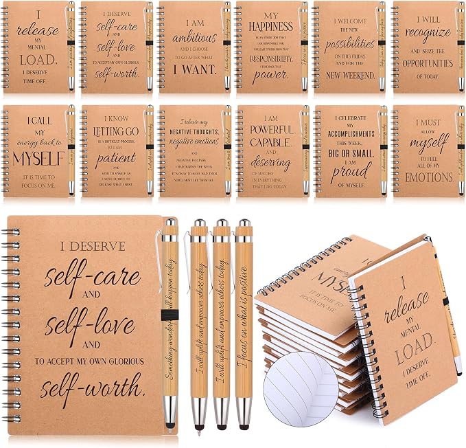 Pasimy 48 Pcs/24 Set Bulk Positive Affirmation Spiral Notebooks with Bamboo Pen Daily Affirmation Gift Set Motivational Encouragement Notepad Small Journals 5.5 x 3.9 inch for Women Self Care