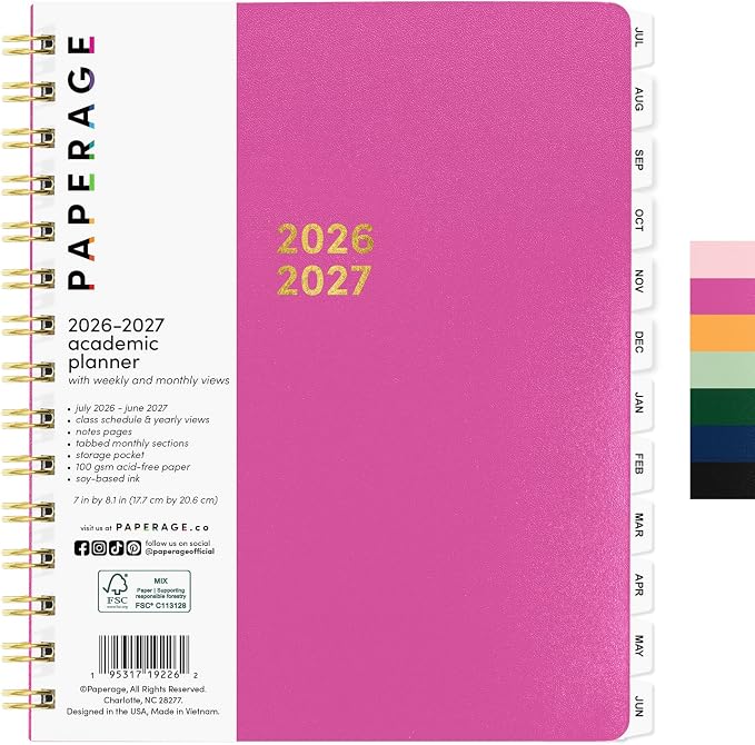 PAPERAGE Academic Planner, Weekly & Monthly Planner & Calendar, 12-Months, July 2026 - June 2027, (7" x 8"), School & Student Planning Agenda with Tabs, Bonus Pages & Inner Pocket, Raspberry