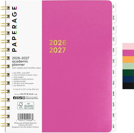PAPERAGE Academic Planner, Weekly & Monthly Planner & Calendar, 12-Months, July 2026 - June 2027, (7" x 8"), School & Student Planning Agenda with Tabs, Bonus Pages & Inner Pocket, Raspberry