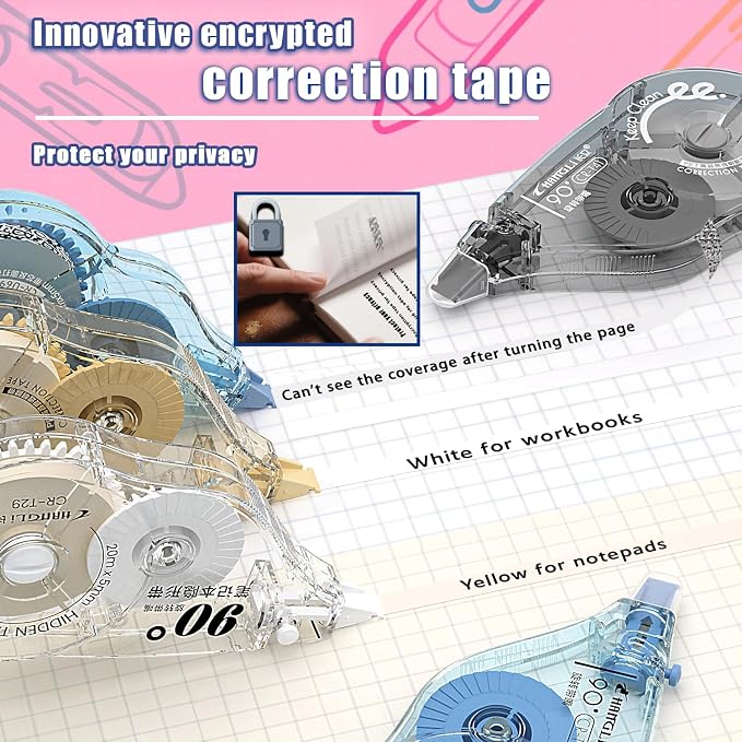 CHANGLi White Correction Tape, Yellow Correction Tape, Secure Correction Tapes, 65FT, 90° Rotating Tip, Tear-Resistant Tape for Office, School Supplies, Includes Storage Pouch