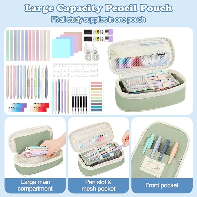 MoKo Pencil Case with Supplies, 56Pcs Aesthetic School Set, Green | Includes 12 gel pens, 12 highlighters, 6 mechanical pencils, refills, sticky notes, index tabs, rulers and correction tapes.