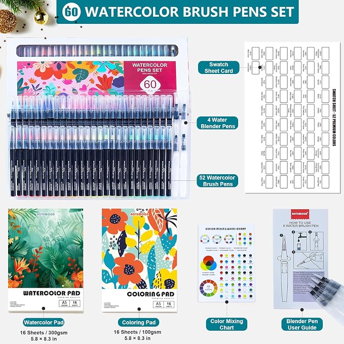 60 Watercolor Pens Set Includes 52 Vivid Colors, Real Brush Tips Paint Markers Set with 4 Blender Pens, Watercolor Pad and Coloring Pad, Art Supplies Gifts for Beginners Young Artists and Adults