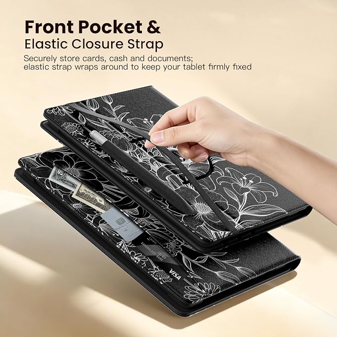 MoKo for Universal 11 inch Android Tablet Case with Pen Holder, Line Flower | Fits All 9.6-11 inch Tablets, Slim 360 Degree Rotating Cover, Multi-Angle Stand, Front Pocket, No fit iPad/NO back opening