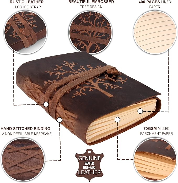 moonster Leather Journal Lined Notebook - Embossed Tree of Life, 8 x 6 Inches Diary, Leather bound Journal for Women - 400 Pages College Ruled Paper - Inspirational Gifts Leather Notebook
