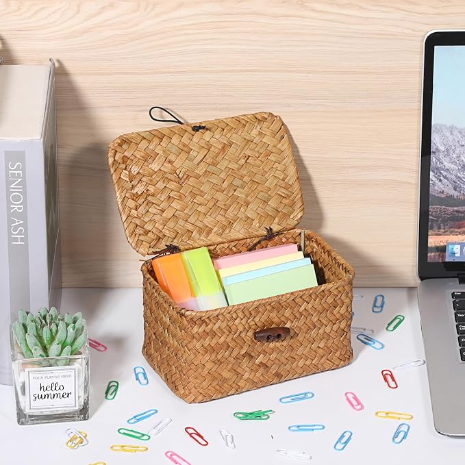 Small Decorative Box Natural Seagrass Box with Lid Small Basket for Organizing Keys Wicker Shelf Baskets for Bathroom Living Room,6.1"L x 4"W x 3.3"H