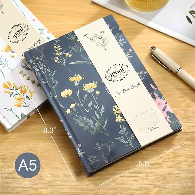 Floral Journal for women, Floret Hardcover Notebook, A5, 6x8, Medium Ruled Notebook, Lay-flat, Linen Journal, Notebooks for School, Writing Journal, Reading Journal, Plant Journal, Navy Blue