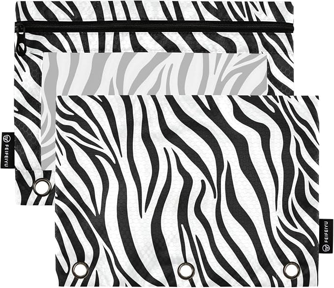Zebra Print Pencil Pouch Fits standard 3-ring binders, Zipper Binder Pencil Bag with Clear Window for Class Office 2 Pack