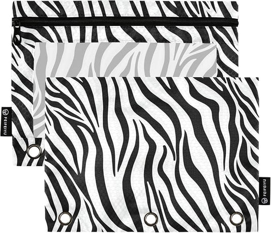 Zebra Print Pencil Pouch Fits standard 3-ring binders, Zipper Binder Pencil Bag with Clear Window for Class Office 2 Pack