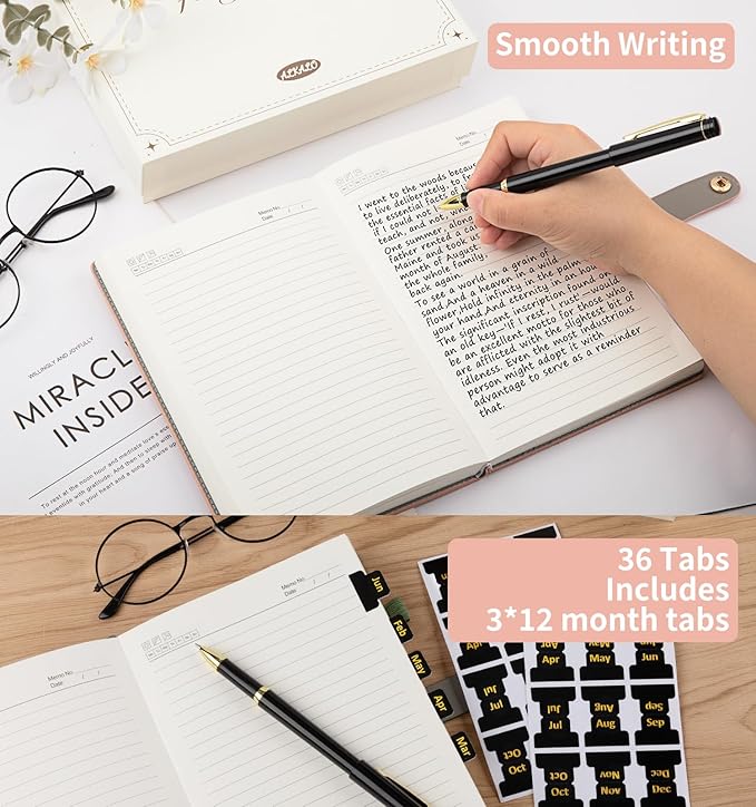A5 Lined Leather Journal Notebook, Hardcover Journal Set with Pen, Monthly Index Tabs and Gift Box, 320 Pages 100GSM Thick Paper, Thick Daily Diary, Journal for Women, Men, School, Travel, Work(Pink)